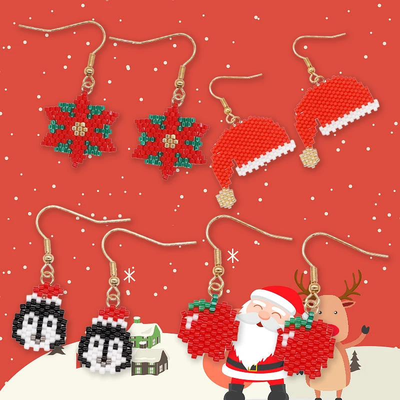 

Christmas Handmade Earrings Santa Clause Snowflake Pinguin Red Hat Holiday Gift Seasonal Collection Winter Family Miyuki Beads