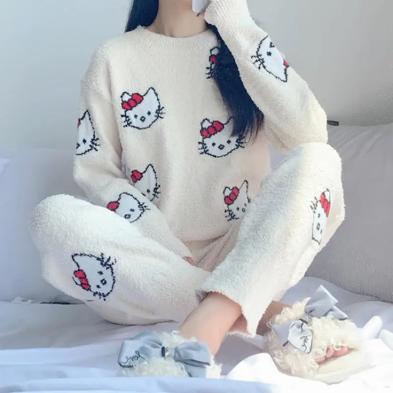 

Пижама Sanrios Hello Kittys, костюм из двух частей, аниме, фигурка Tiktoks, милый мультяшный плюшевый свободный Рождественский подарок для девочки