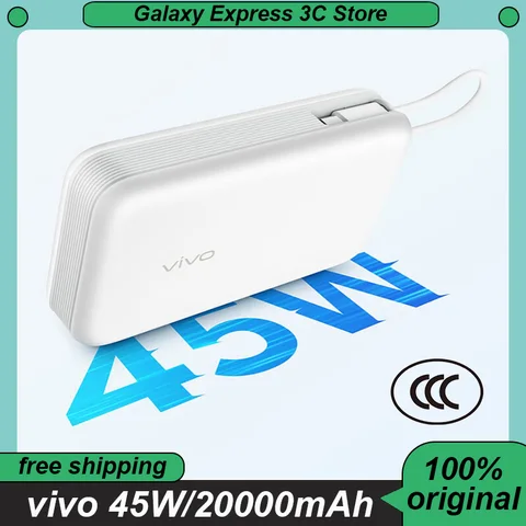 vivo 45 Вт FlashCharge Power Bank 20000 мАч Большая емкость Быстрая зарядка Power Bank Встроенный кабель Оригинальные портативные зарядные устройства CCC