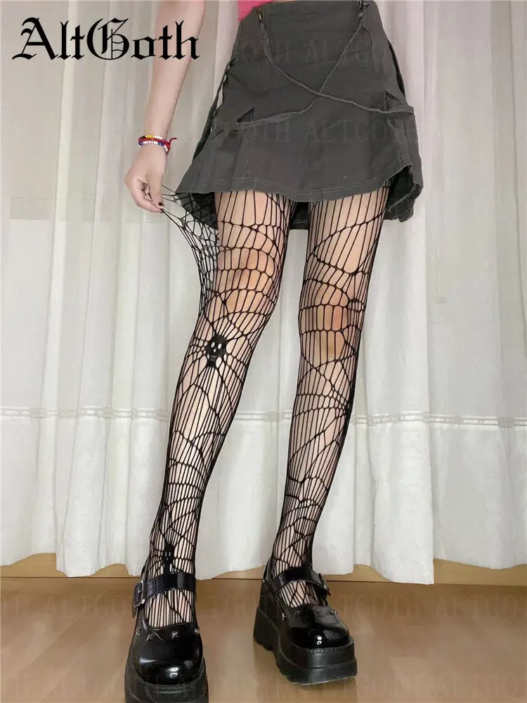 

Колготки AltGoth Mall женские, пикантные, темные, блестящие, с рисунком паука, сетка, черепа, альтернативные, Киберпанк