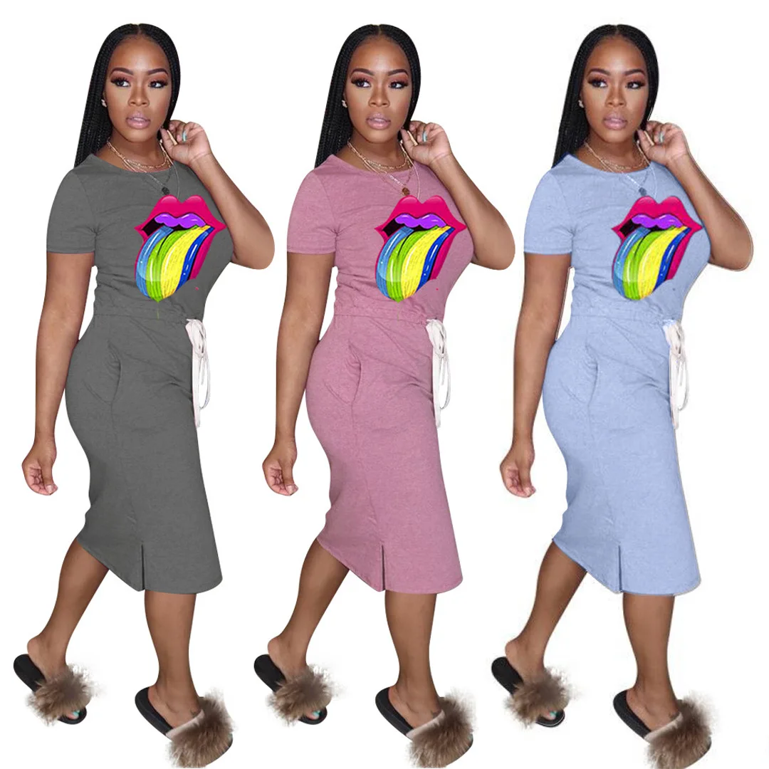 

Cute Tongue Digital Print Women Short Sleeve Summer Casual Women Dress
