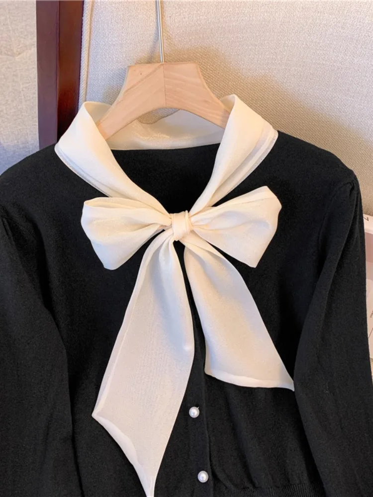 Вязаный женский осенний кардиган с французским бантом на шнуровке и