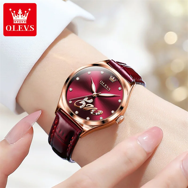 OLEVS Luxury Quartz Watch Girl's Elegant Fashion Red Dial Waterproof Ladies Leather Watches Women High Quality Zegarek Damski
