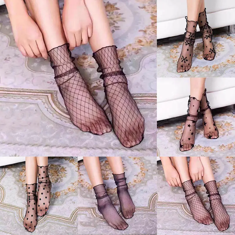 

Sexy Retro Lace Floral Mesh Women Girl Socks Elastic Fashion Lady Soft Short Socks Female Crystal Silk Ultrathin Sock