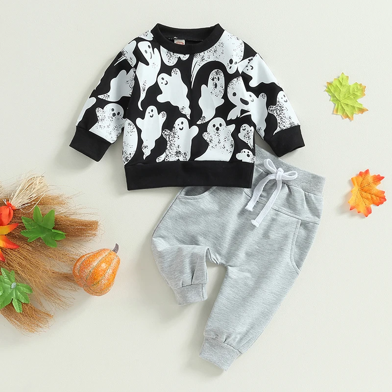 

EWODOS Toddler Baby Boys Pants Set Long Sleeve Ghost Print Sweatshirt with Elastic Waist Sweatpants Halloween Clothes Sets