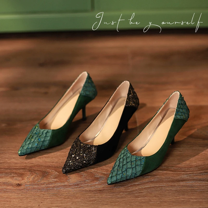 

2022 spring Women's pumps natural leather 22-24.5cm Sheep suede + fish skin upper full leather color-block pointed stiletto heel