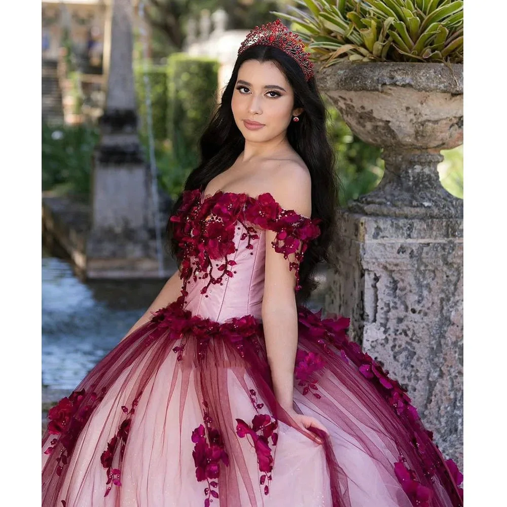 

Red Pearls Flowers Lace Quinceanera Dress Ball Gown Off The Shoulder Corset Pageant Sweet 15 Party Vestidos De XV Anos