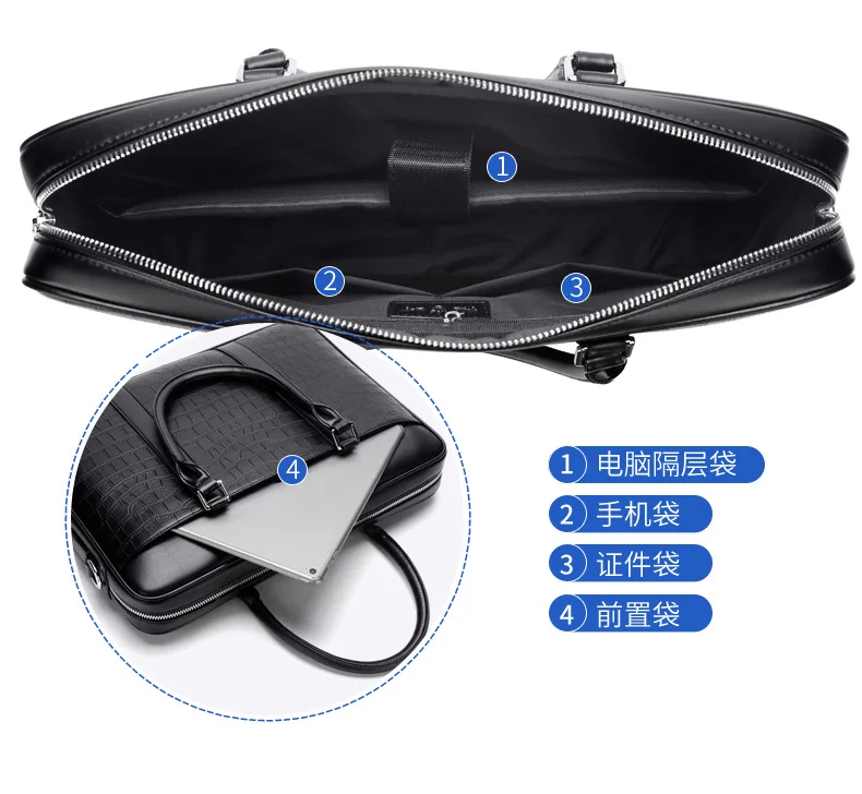 New Men's Bag Fashion Business Briefcase For Men Crocodile Pattern Leather Handbag For 14 Inch Laptop Casual Shoulder Bags