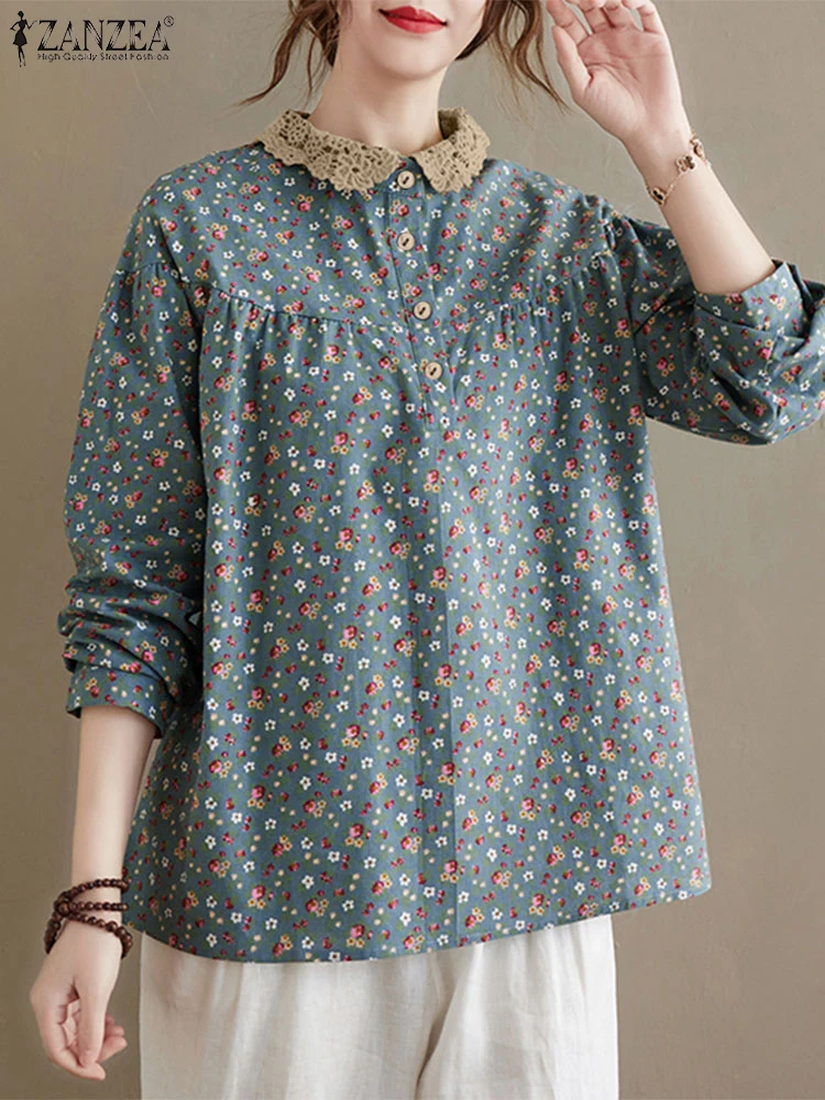 ZANZEA Кружевная блузка с воротником Питера Пэна и цветочным принтом в Корейском