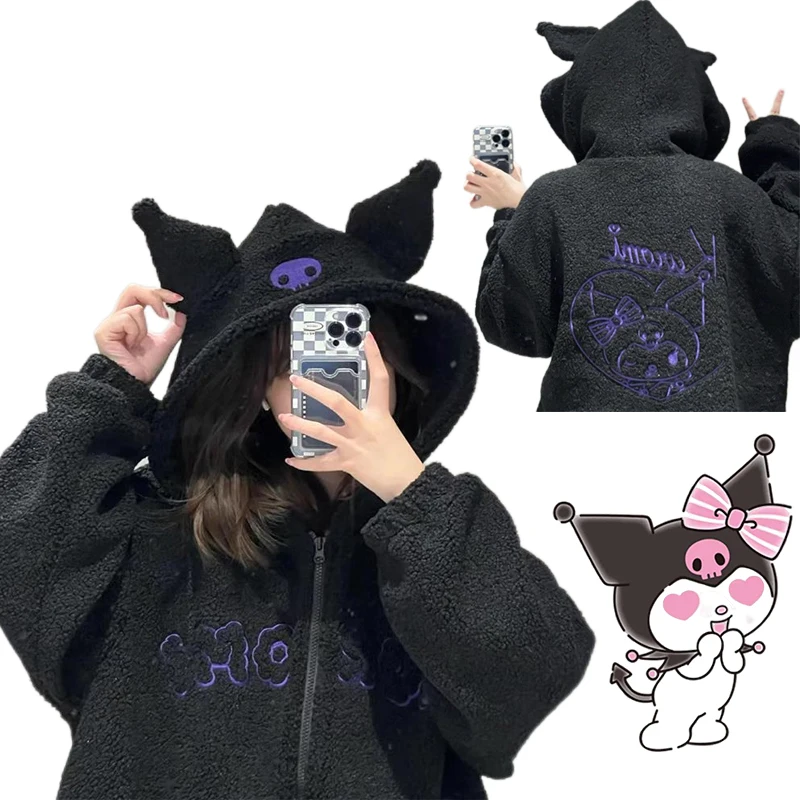 

Original Kuromi Jk Uniform Embroidered Black Hooded Sweater Women Sanrio Imitation Lamb Velvet Winter Girls Thickened Loose Coat