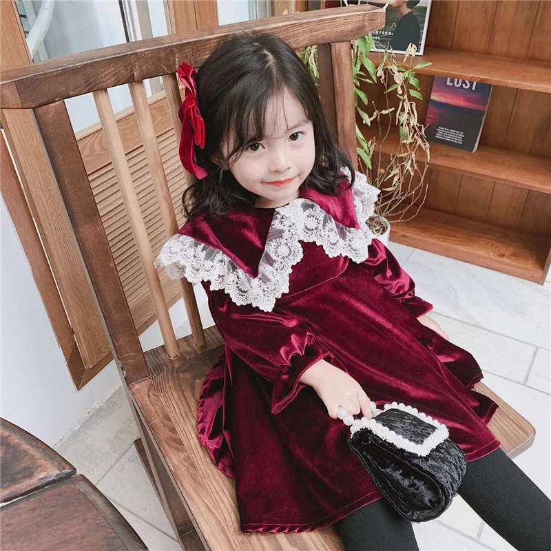 Girls Long-sleeved Wine Red Lolita Princess Dress Toddler Girl Fall Clothes 2022 Flower Girl Dresses  Girls Christmas Dress