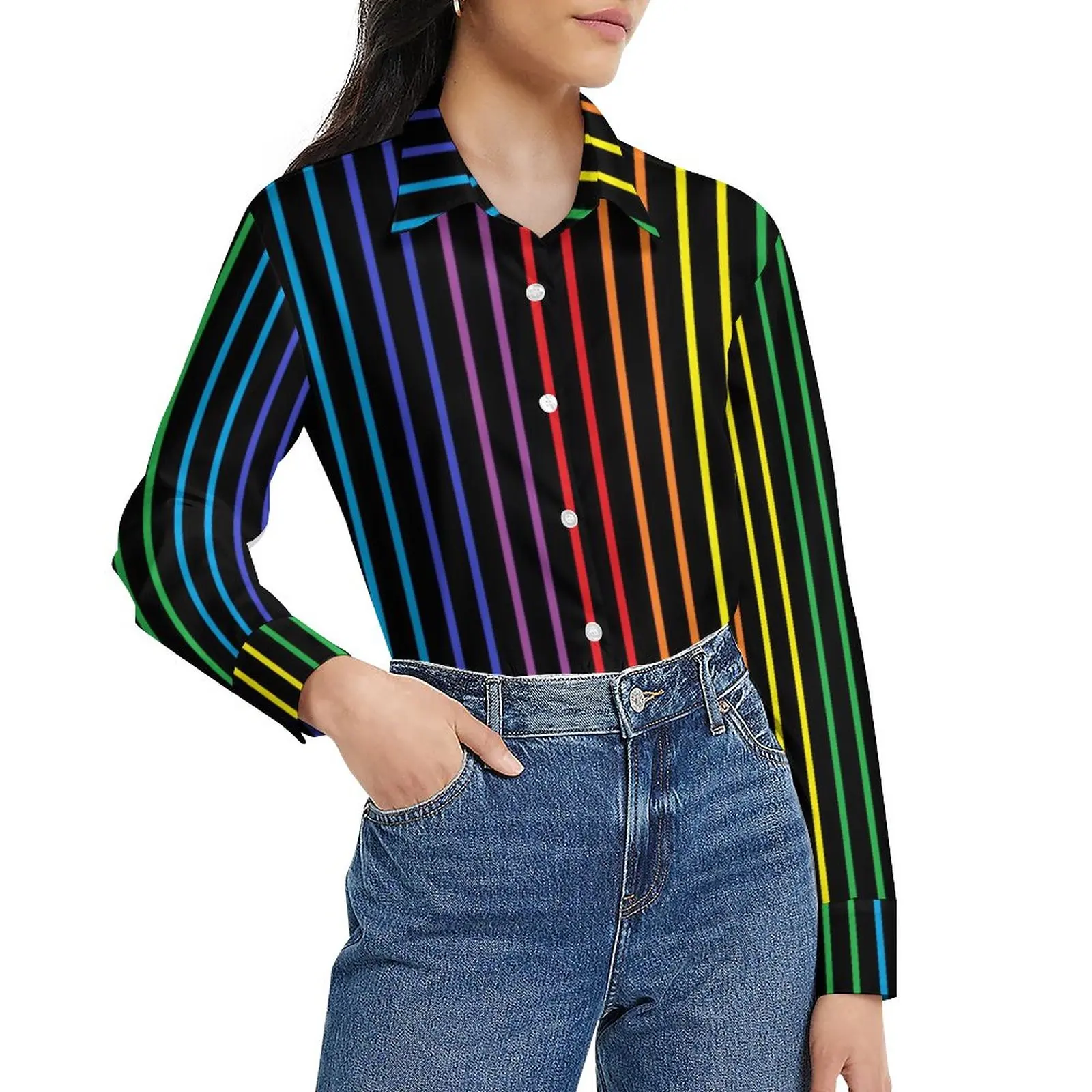 

Vertical Rainbow Blouse Long Sleeve Red Blue Purple Green Stripes Elegant Blouses Classic Oversized Shirts Graphic Top Gift Idea