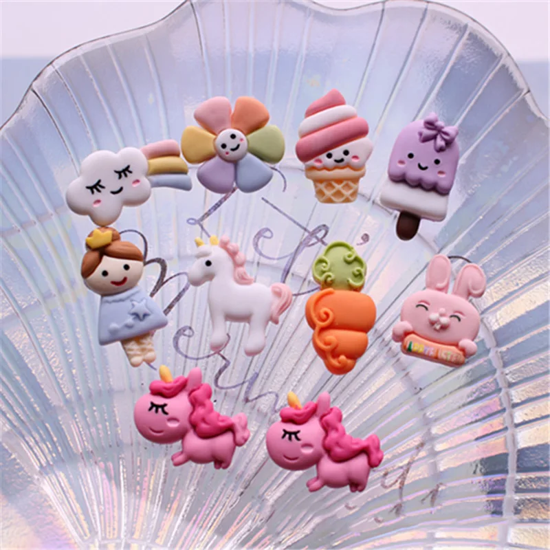 

10Pcs Kawaii Cartoon Flower Unicorn Flatback Resin Cabochon Cute Girl Ice Cream for Headwear Accessories DIY Scrapbooking Decor