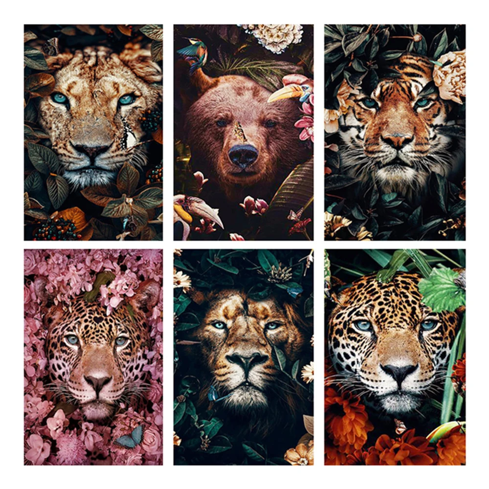 

5D Full Square AB Diamond Embroidery DIY Diamond Painting Cross Stitch Drill Tiger Lion Face& Flowers Picture of Rhinestones