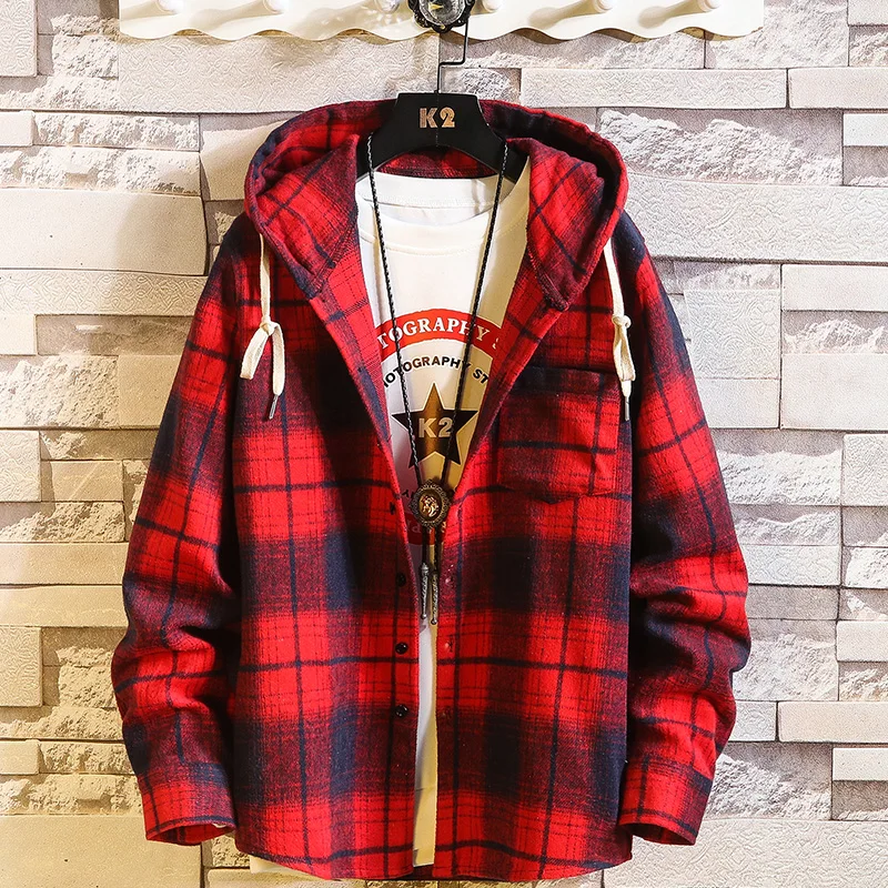 

HIP HOP Streetwear Casual Plaid Fleece Red Shirts Mens Long Sleeve High Quality 2022 Loose With Hooded Streetwear