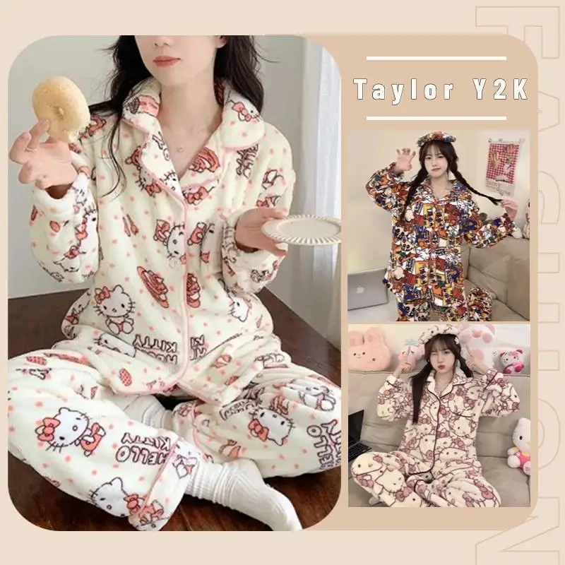 

Sanrio Cinnamoroll My Melody Hello Kitty Pajama Anime Y2K Sweet Girl Flannel Long Sleeve Pants Loose Comfortable Plush Home Fur