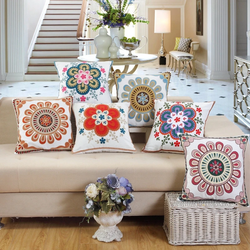

Vintage Embroidered Geometric Flowers Decorative Pillow Case High Quality Canvas Cushion Cover 45x45CM Home Sofa Bed Art Decor
