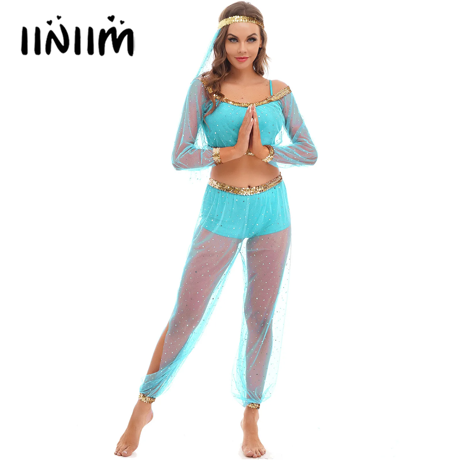 

Womens Halloween Costume Fantasy Outfit Belly Dance Costume Shiny Sequin Sheer Mesh Overlay Crop Top Split Pants Headwear