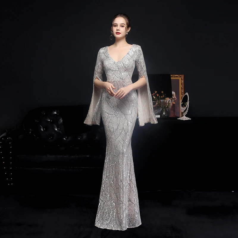 Women Long Sleeve V Neck Elegant vestido de festa Sequined Cocktail Prom Evening Party Long Maxi dress for ladies