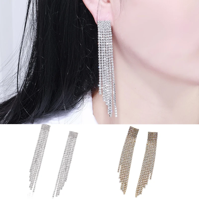 

Luxury Rhinestone Long Tassel Earrings Crystal Bridal Drop Earrings 1 Pair With Alloy Women Earrings Wedding Jewelry Gifts