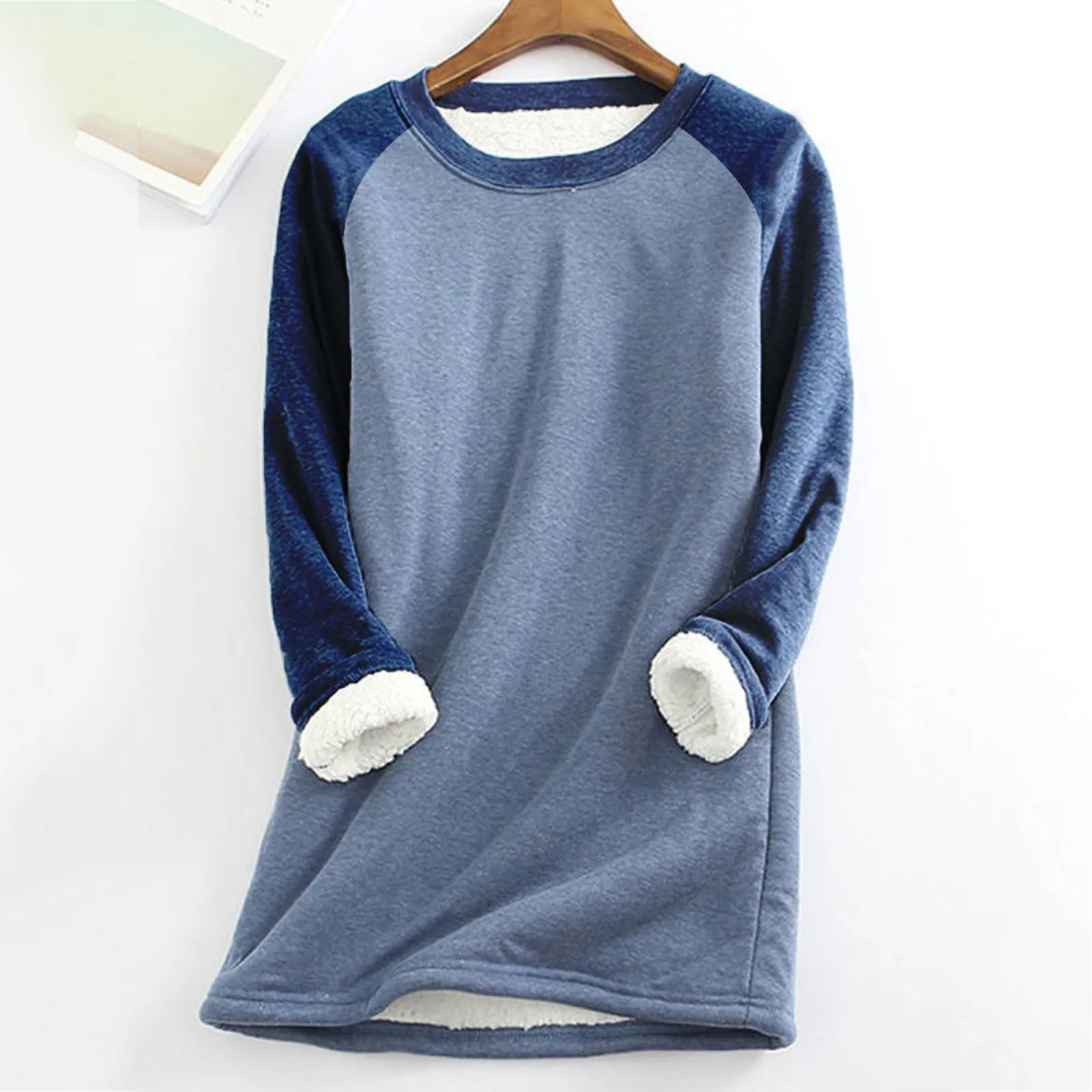 

Solid Color Raglan Hoodie For Women Warm Fleece Bottoming Thick Top Colorblock Crew Neck Pullover Long Sleeve Soft Sweatshirt