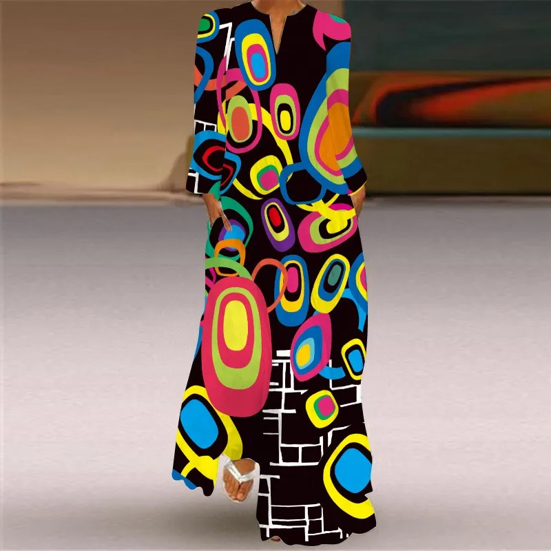 

New Printed Long Autumn Pocket Sexy V-neck Long Sleeve Dresses for Women Party Bohemian Ankle-Length Vintage Dress Plus Size 5XL