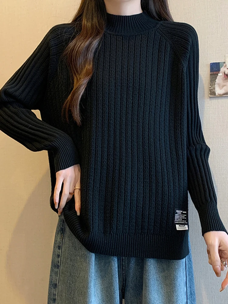 Plus Size Plus size women clothing Belly Covering Idle Sle Half-high Collar Knit Female Autumn and Winter Fat Sister Loose Sl...