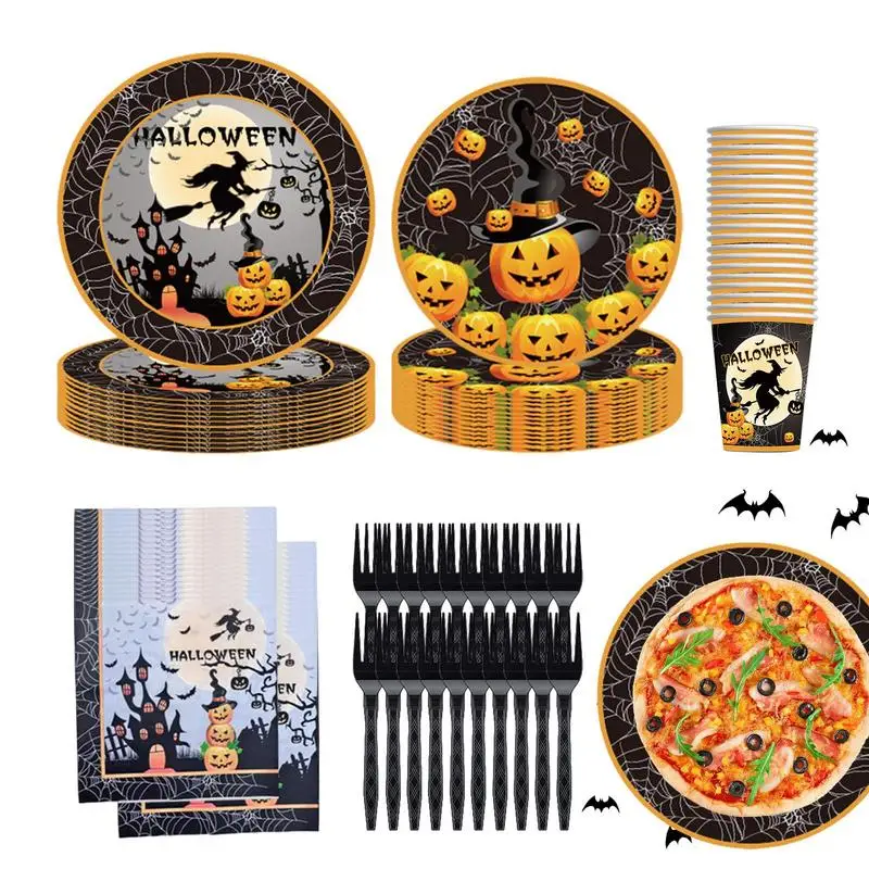 

Halloween Party Disposable Tableware Set 100PcsPumpkin Witch Paper Plates Cup Towel Fork Kids Favor Happy Halloween Party Decor
