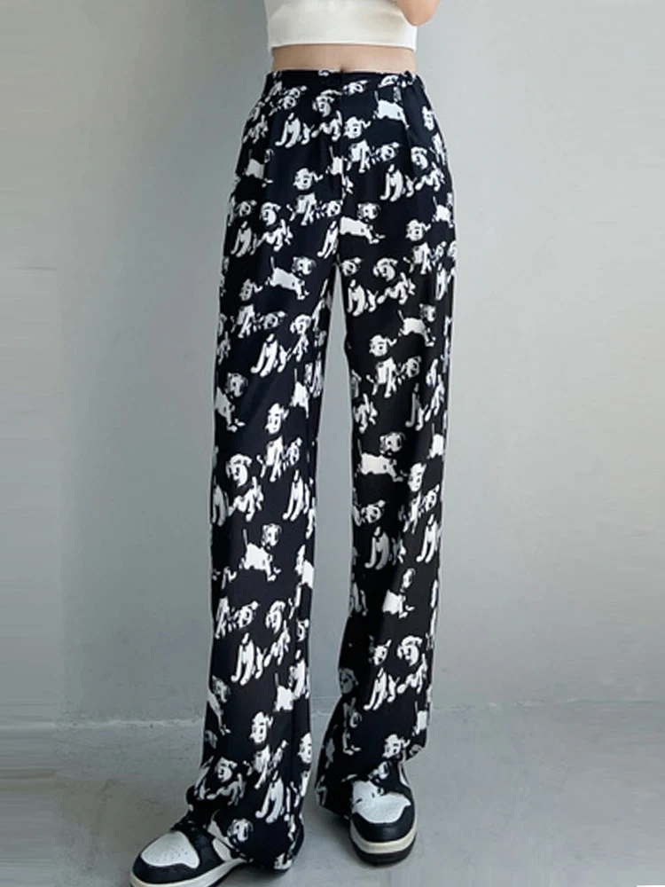 

YuooMuoo Fashion Cartoon Animal Print Women Pants Elastic High Waist Harajuku Black Trousers Aesthetic Casual Ladies Bottoms