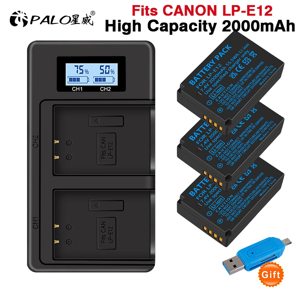 100% Оригинальный LP-E12 LP E12 LPE12 литий-ионный аккумулятор и зарядное устройство с ЖК-дисплеем и двойным USB для Canon EOS M50, EOS M100,100D Kiss X7 Rebel SL1