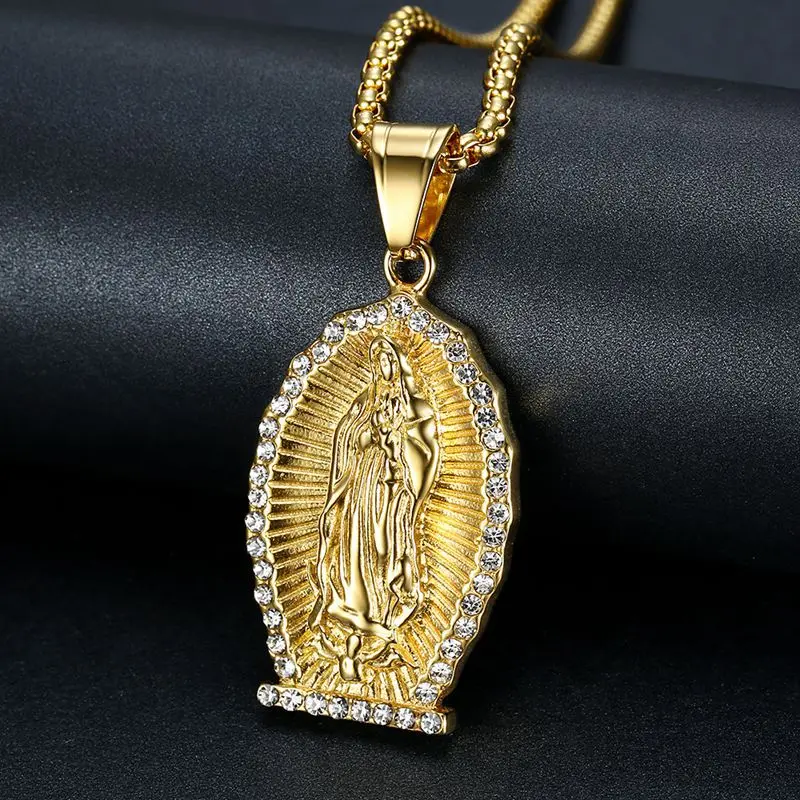 

Religious Stainless Steel Virgin Mary Pendant Necklace Men Women Hip Hop Jewelry Christian Gold Silver Color Iced Out Bling