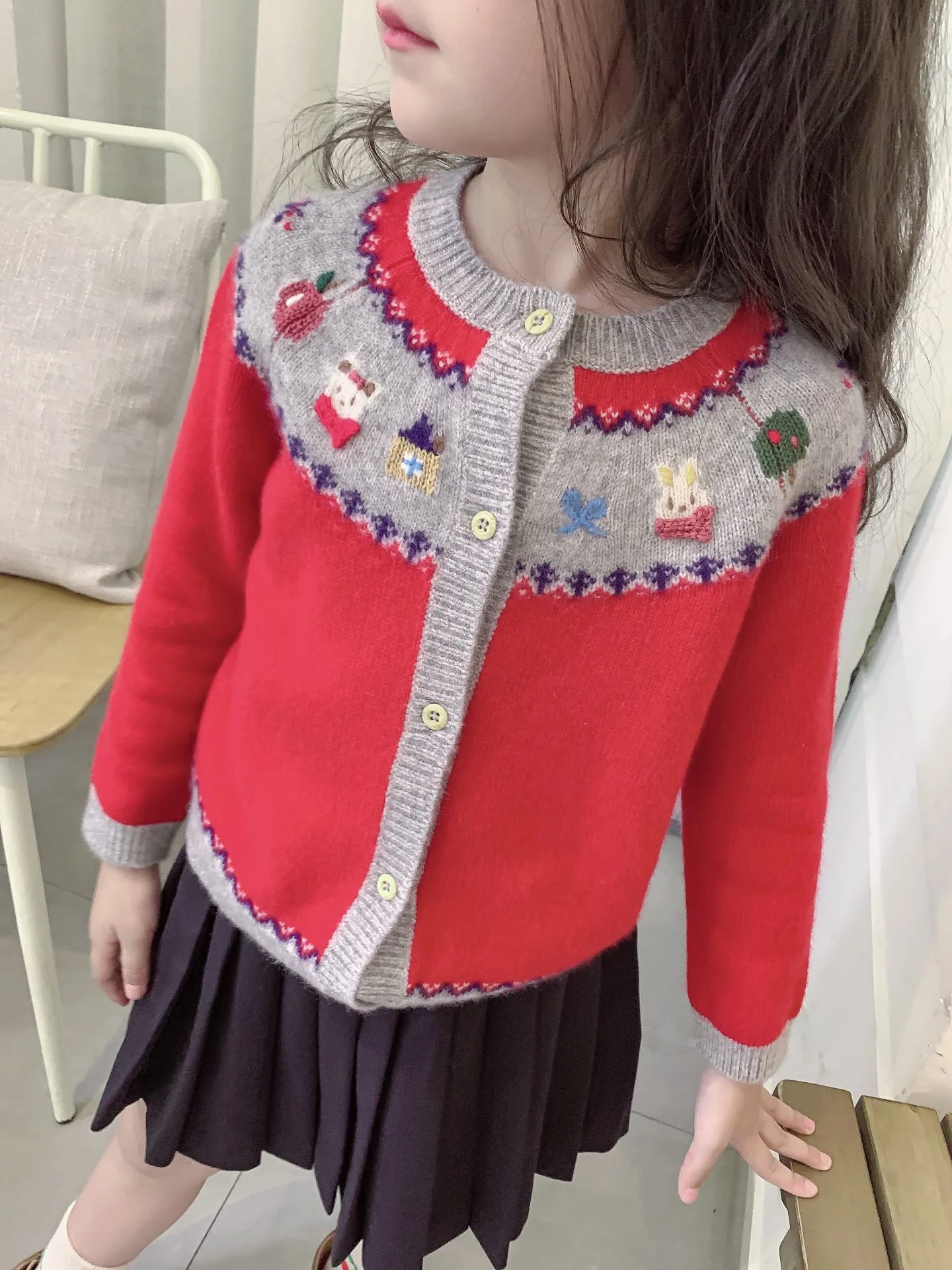 kids wool sweaters coat hand embroidered cartoon pattern girls cardigan high-quality knitting sweater