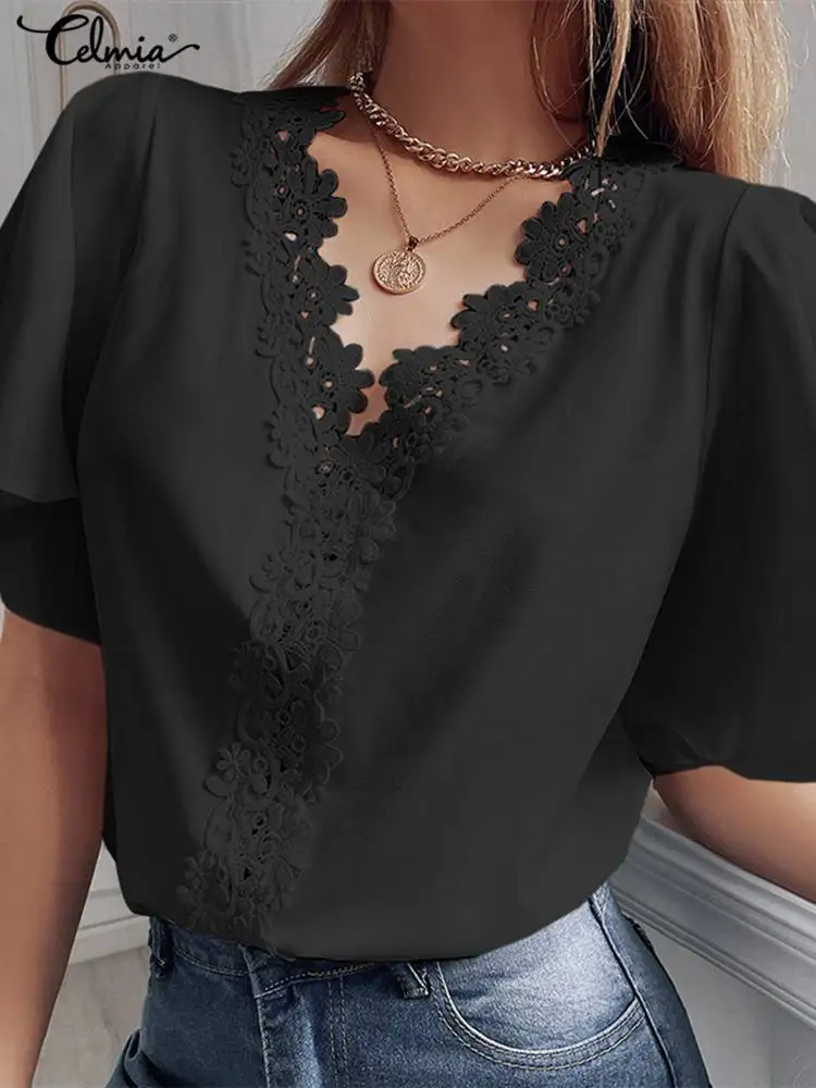 

Celmia Ruffled Short Sleeve V-neck Blouses 2022 Summer Office Lace Elegant Shirts Fashion Women Solid White Blusas Tunic Tops