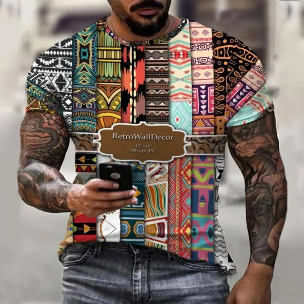 

Футболка мужская в этническом стиле, Топ оверсайз с короткими рукавами, с клетчатым, абстрактным, круглым вырезом и 3D надписью, Повседневная...