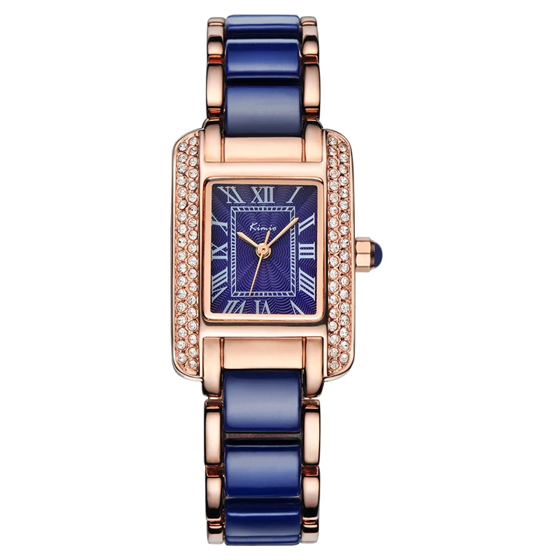 NO.2-7076 Women Quartz Watch Fashion Blue Square Diamond Bracelet Watches Brand Imitation Ceramics Student Waterproof