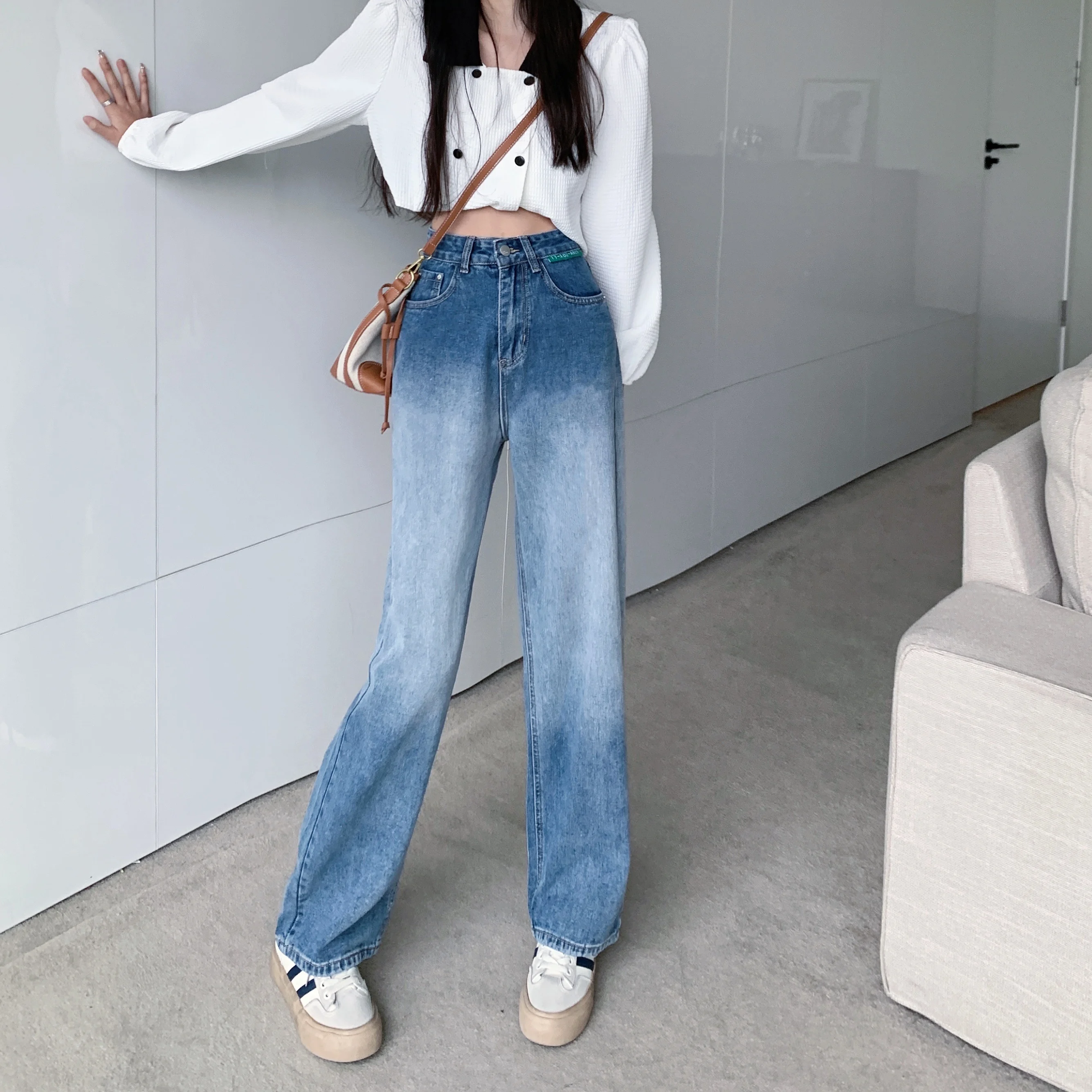 N2249 New Retro Washed Gradient Straight Pants High Waist and Thin Wide Leg Jeans