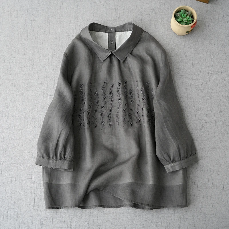 

Summer Women Loose Sweet Floral Embroidery Comfortable Water Washed Thin Lightweight Ramie Pullover Shirts/Blouses