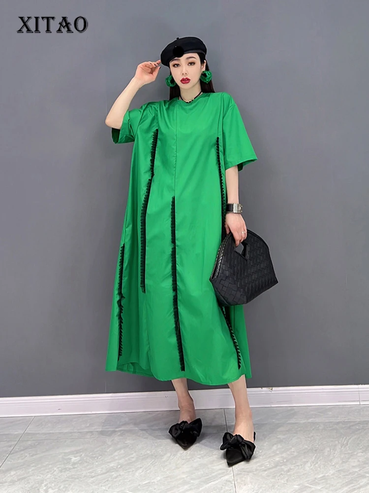 

XITAO Simplicity Casual Dress Contrast Color Irregular Edible Tree Fungus Splicing Hem Fashion Loose O-neck Collar New WMD5656