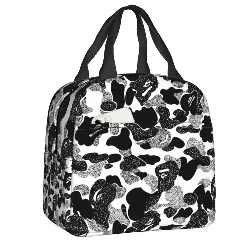Black And White Camo Insulated Lunch Tote Bag for Women Military Portable Cooler Thermal Food Lunch Box Kids School Children