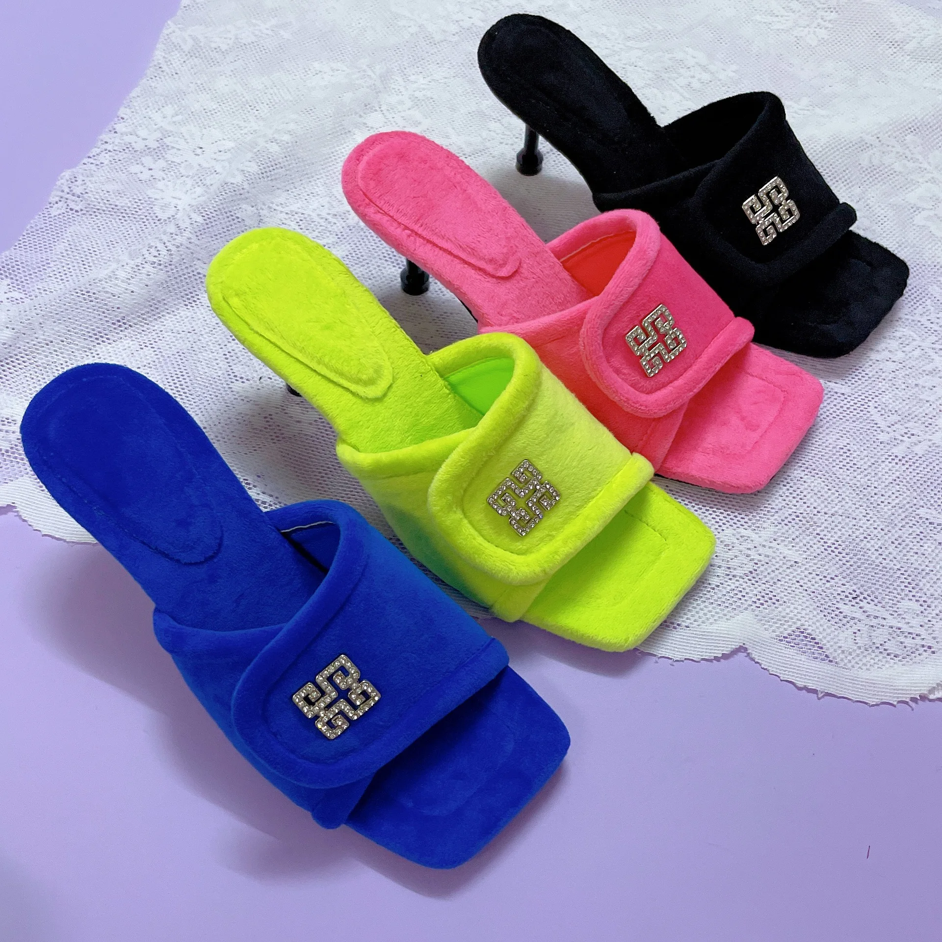 

KUCLUT Women's Slippers Women Fur Thin Heels Blue Plush Rhinestones Sandals Lady Shoes Square Head Autumn Winter Outdoor Shoe