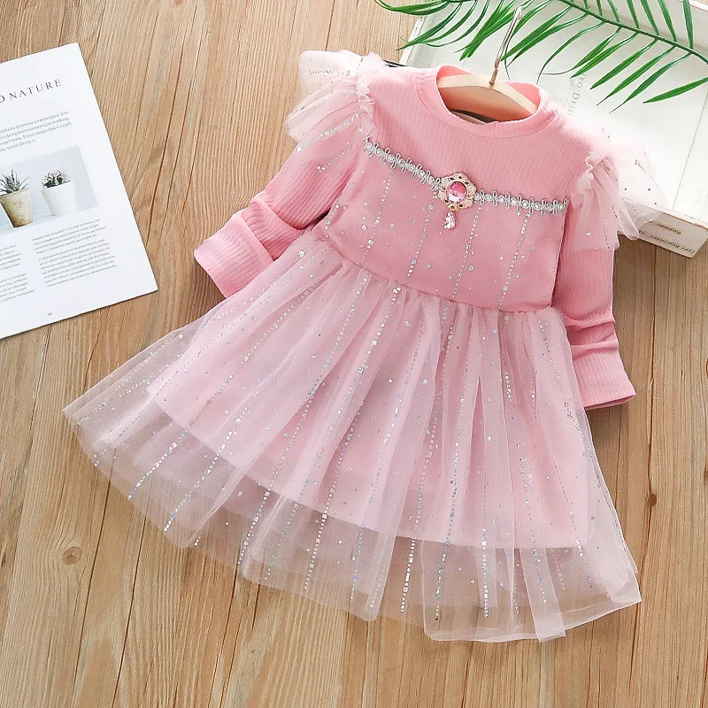 

Girls' Dress Knitted Princess Party Autumn Spring Children's Dress Elegant Pink and Blue Lace Drop Yarn Girls' Dress