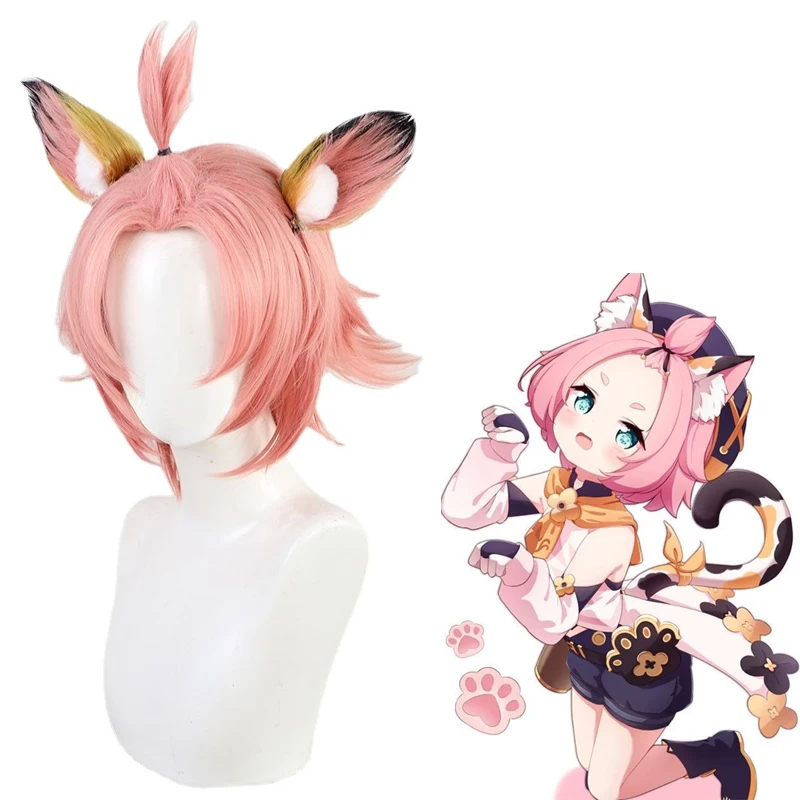 

Женский парик для косплея «геншин» Diona, термостойкие синтетические короткие волосы с ушами для косплея, из аниме «Рождество»