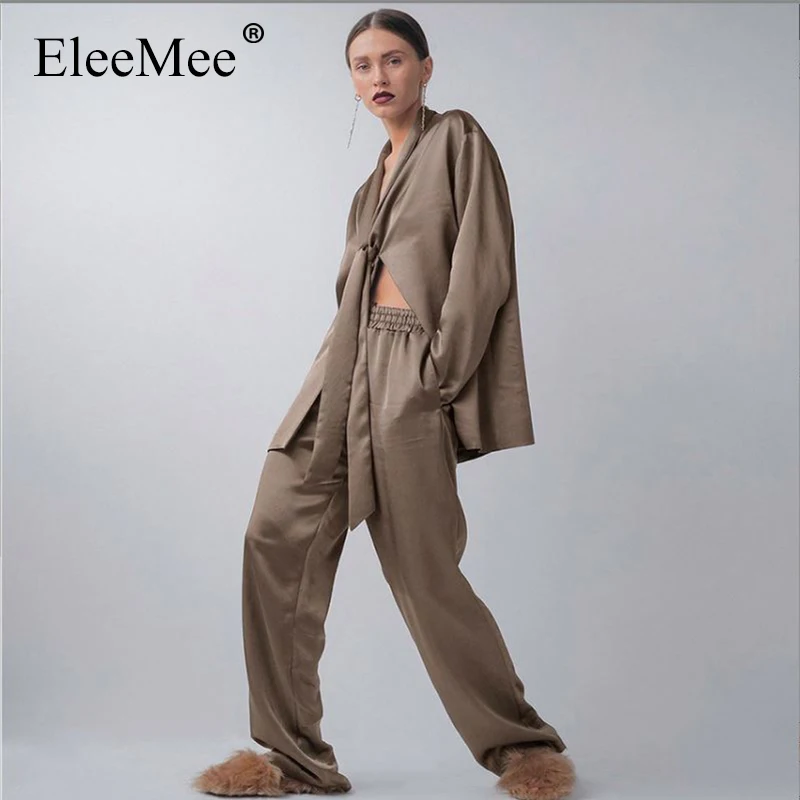 

EleeMee Set Women Two Piece 2022 Spring Blouses And Pants Deep V Sexy Suit New Casual Satin Office Female Sets Size S-L