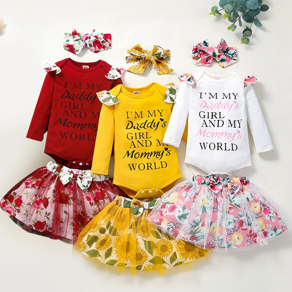 

Baby Girls All Seasons Romper Skirt Sets Floral Round Neck Bow Long Sleeve Girls Cotton Fashion Mesh Patchwork Skirt Floral Rose