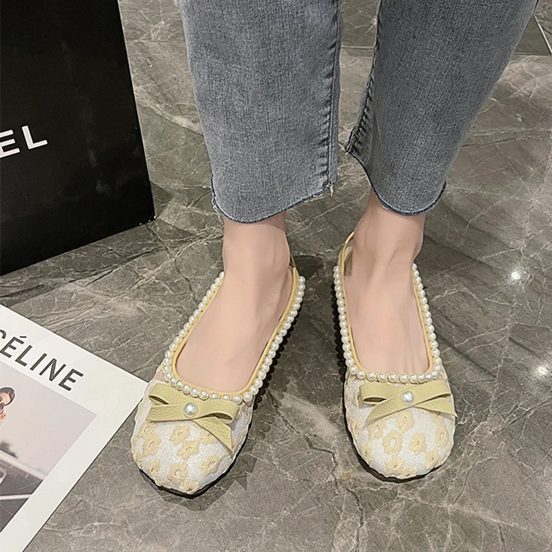 

Женские босоножки с жемчугом, Туфли Мэри Джейн на плоской платформе, повседневные шлепанцы под платье, лето 2023