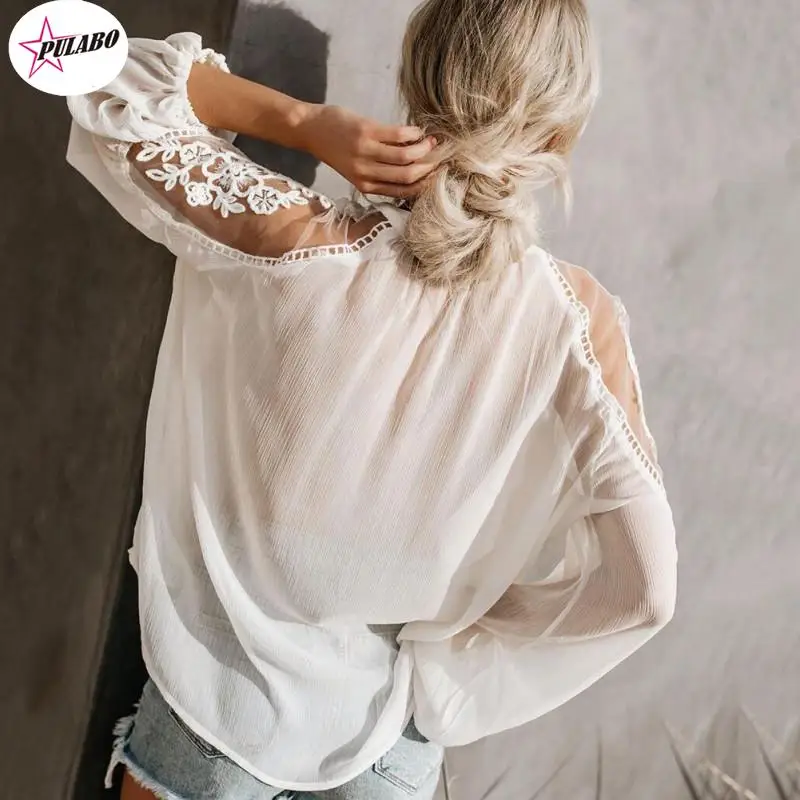 PULABO шифоновые женские повседневные кружевные блузки с длинными рукавами и