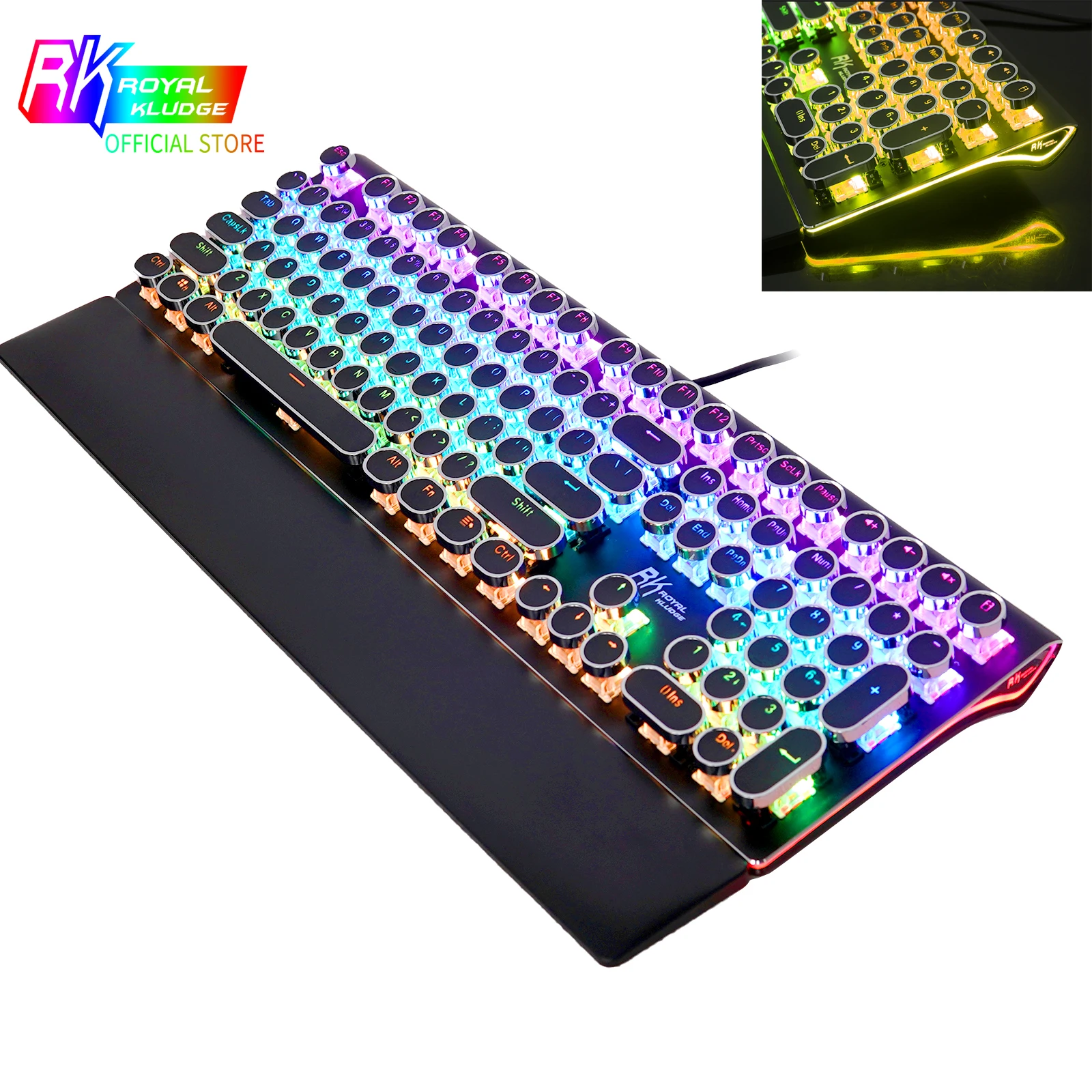 

Royal Kludge RKS108 Typewriter USB Wired Mechanical Gamer Keyboard RGB Backlit Collapsible Wrist Rest 108-Key Retro Round Keycap