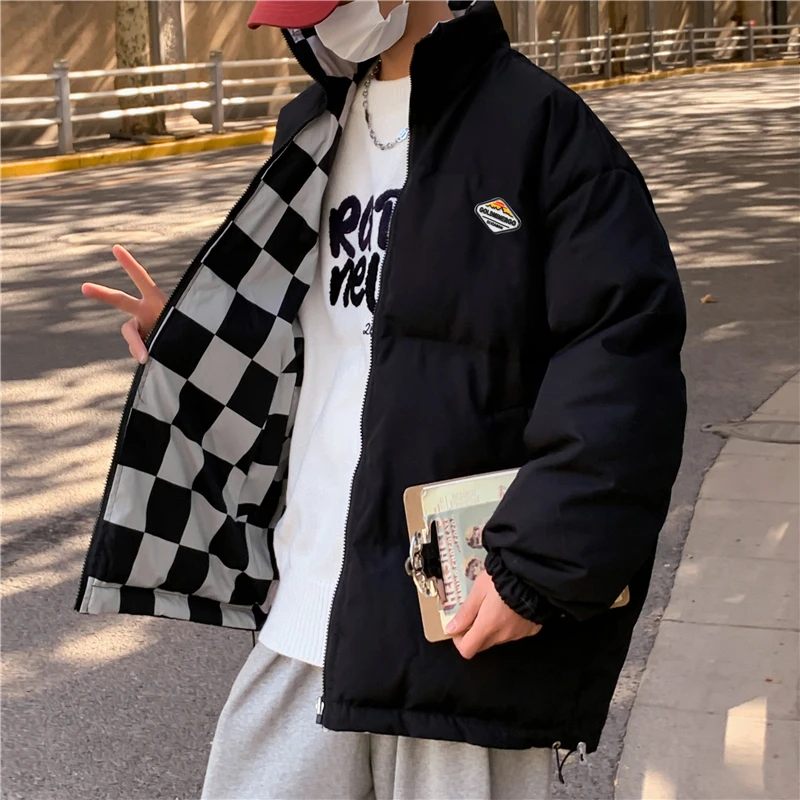

Men's Cotton-padded Thick Coat Checkerboard Plaid Reversible Zipper Stand Collar Outer Wear Handsome Boy Winter Male Clothes