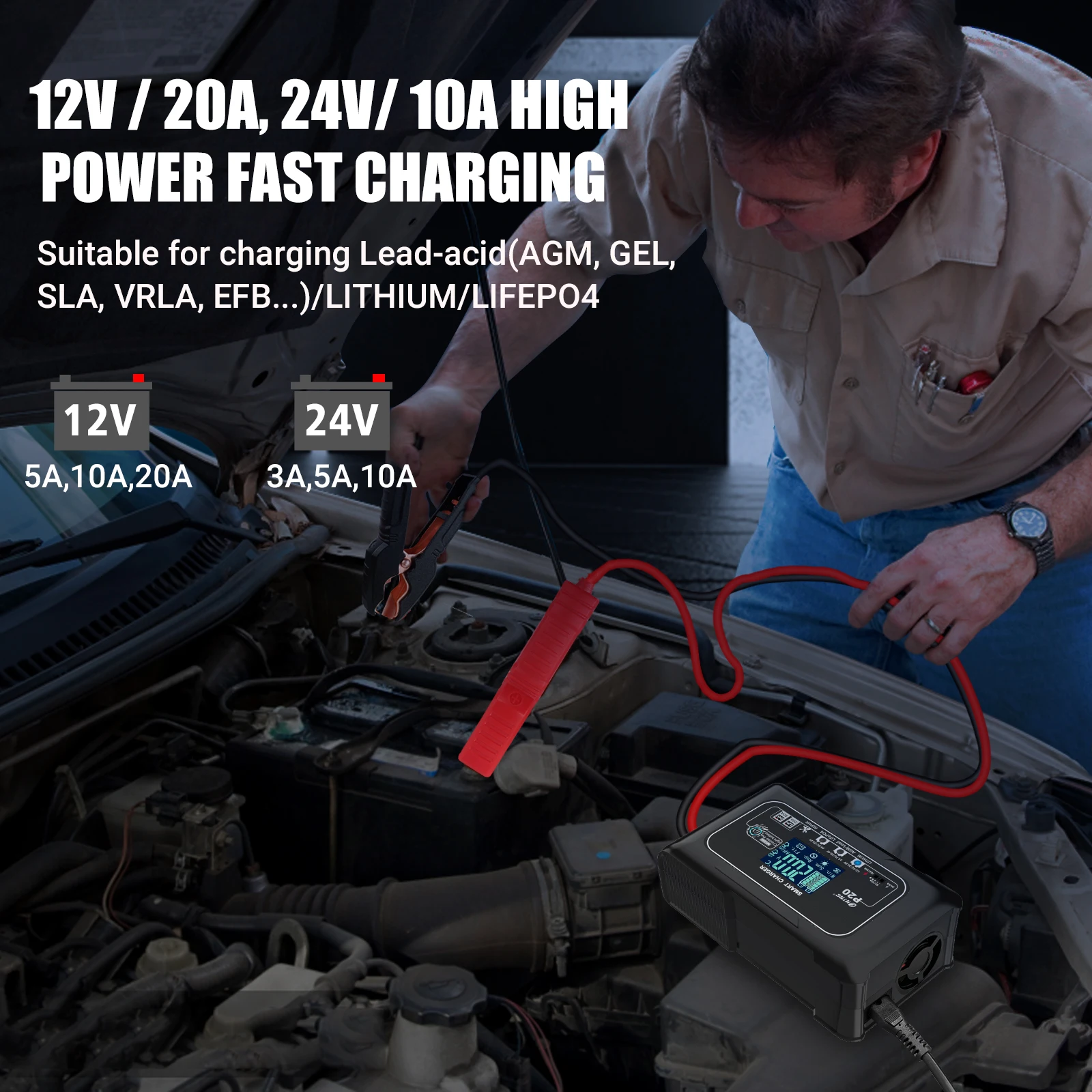 HTRC 20A Автомобильное зарядное устройство для мотоцикла 12V20A 24V10A Автоматическое