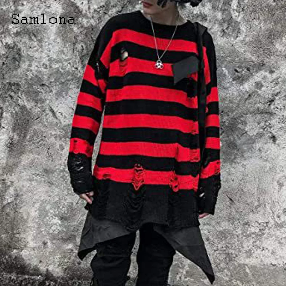 Samlona Men Casual Knitted Sweater Mens Knitwear 2023 New Spring Fashion Stripes Tops Pullovers Punk Style Ripped Sweater Hommes